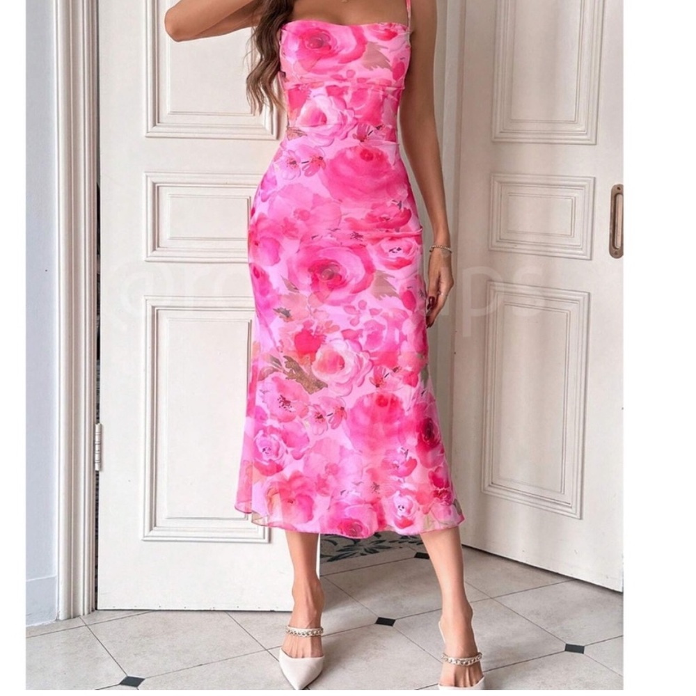Floral Pink Strapless Midi Dress